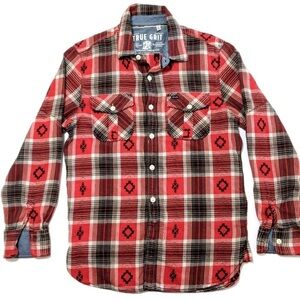 True Grit Red and Black Casual Button Down Shirt Red/Black Aztec Print Sz L